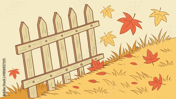 Fototapeta Autumn season fence and falling leaves vector illustration for seasonal design and decoration project