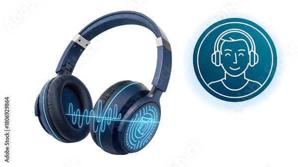 Fototapeta Modern dark blue over-ear headphones featuring neon light effects and a user profile icon, isolated on transparent background