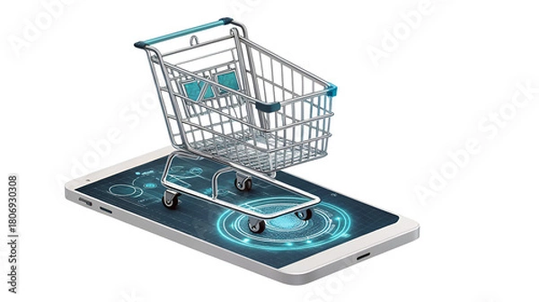 Fototapeta Online shopping concept featuring a miniature metal cart resting on a futuristic smartphone screen isolated on transparent background