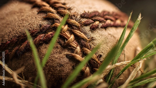 Fototapeta Bird's eye view of cricket training cone markers on pitch with bat and ball, practice setup, vibrant colors