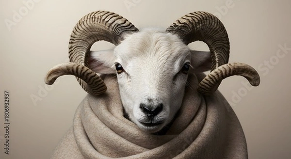 Obraz Portrait of Elegant Ram with Curly Horns and Wool Wrap