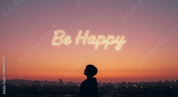 Obraz Silhouette Contemplating Neon Message at Dusk, Urban Serenity