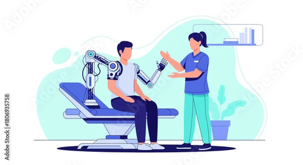 Fototapeta Innovative healthcare illustration of a patient using a robotic arm in therapy session