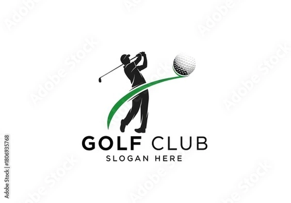 Fototapeta Dynamic Golf Club Logo with Swing Silhouette and Ball Trajectory