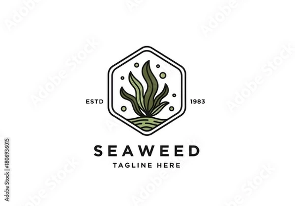 Fototapeta Seaweed Logo with Hexagonal Frame and Bubbles