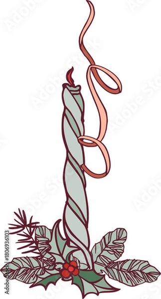 Obraz Happy New Year! Merry Christmas! A composition of isolated elements (illustrations) on the theme of the winter holidays in a vintage color scheme. Digital illustration with outline.