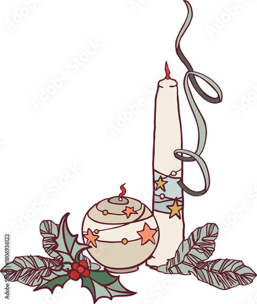 Obraz Happy New Year! Merry Christmas! A composition of isolated elements (illustrations) on the theme of the winter holidays in a vintage color scheme. Digital illustration with outline.