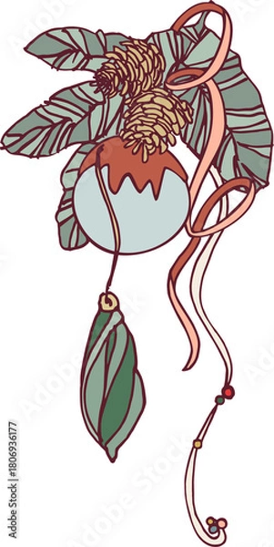 Obraz Happy New Year! Merry Christmas! A composition of isolated elements (illustrations) on the theme of the winter holidays in a vintage color scheme. Digital illustration with outline.