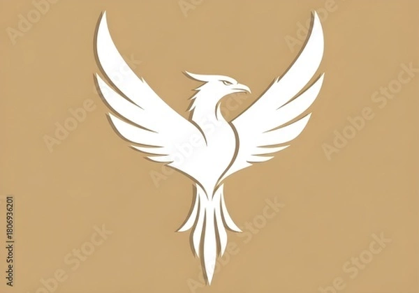 Fototapeta Angular White Phoenix Silhouette with Upward Wings on Light Brown Background