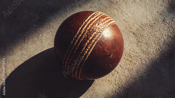 Obraz Overhead drone shot of complete cricket kit spread on grass: bat, ball, gloves, pads, helmet arranged artistically