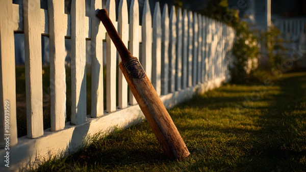 Fototapeta Ultra-realistic cricket bat with worn leather grip resting against white picket fence, golden hour sunlight casting long shadows on freshly mowed grass