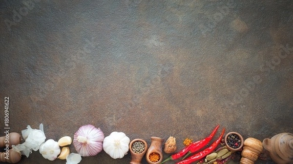 Obraz spice. Assortment of fresh Asian ingredients displayed on a rustic stone surface, captured from above. menu design, packaging mockups, designed for culinary blogs and recipe cards for restaurants.