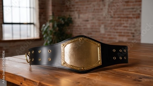 Obraz Championship Belt Displayed in Protective Case on Wooden Surface in Modern Interior Setting