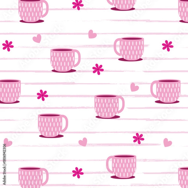 Fototapeta Seamless vector pattern with cute ceramic cup for coffee and tea. Doodle drawing of hand made distorted mug with hearts on pink background. Bizarre kitchen texture