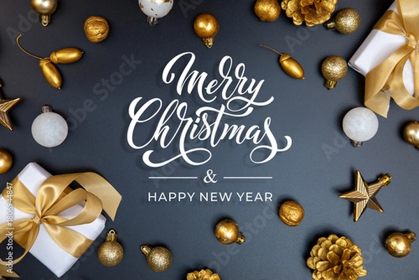 Fototapeta Merry Christmas and Happy New Year greeting card, frame, and banner. Holidays design. Noel and Feliz Navidad. Christmas gifts and decorations, top view. Flat lay.