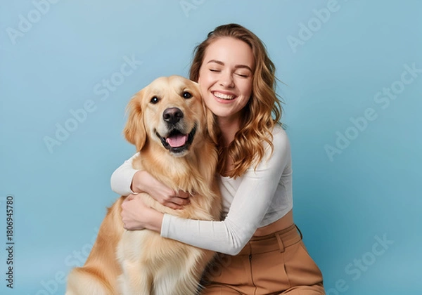 Fototapeta Young smiling happy cheerful owner woman with her best friend retriever wear casual clothes cuddle hug dog close eyes isolated on plain pastel light blue background studio. Take care about pet concept