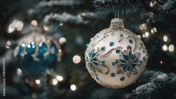 Fototapeta Close-up of white and blue Christmas ornaments hanging on a green pine tree, adorned with glowing lights that enhance the festive holiday charm of the seasonal decoration.
