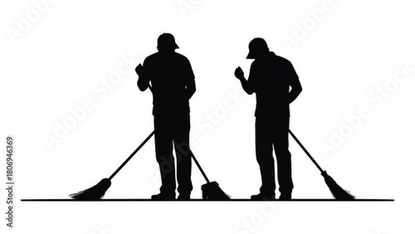 Fototapeta Sweepers with brooms silhouettes isolated on white background, Vector