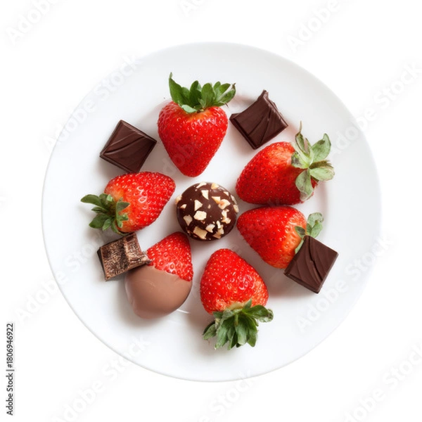 Fototapeta dessert plate with strawberries and chocolates isolated on white background