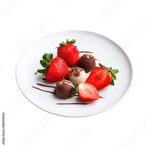 Fototapeta dessert plate with strawberries and chocolates isolated on white background
