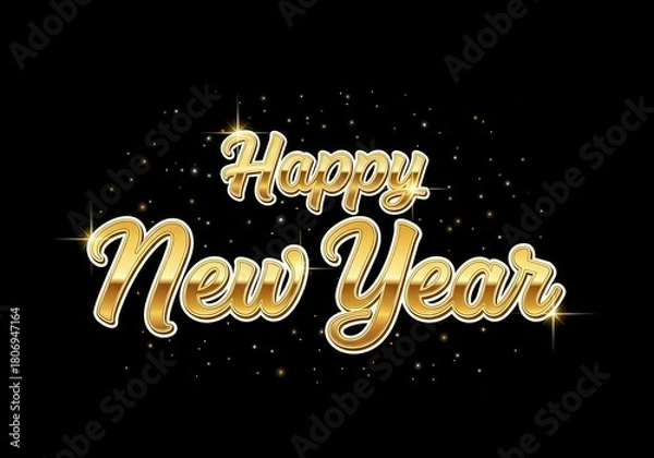Fototapeta Golden happy new year text with star sparkles on a black background