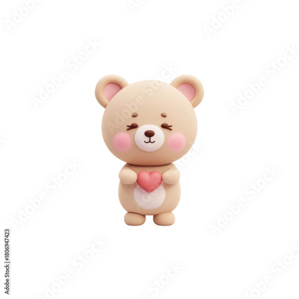 Obraz cute teddy bear holding a small heart, rounded 3D character design, minimal soft pastel korean vibe on white background