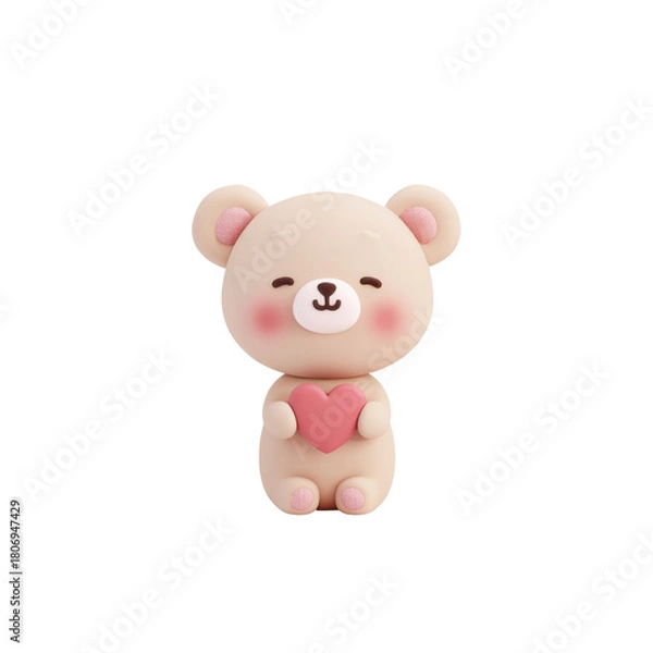 Fototapeta cute teddy bear holding a small heart, rounded 3D character design, minimal soft pastel korean vibe on white background