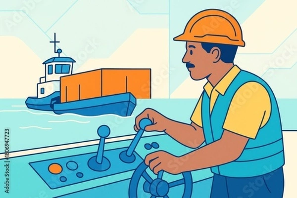 Fototapeta Cargo ship operator steering vessel with container ship on water, illustrated in flat abstract style with light blue background. Ai generative