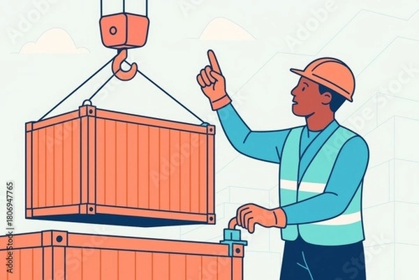 Fototapeta Worker operating crane to lift shipping container in port with abstract background, wearing safety gear and helmet for transport logistics concept. Ai generative