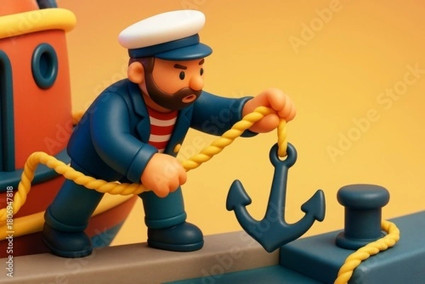 Fototapeta Cartoon sailor character dropping anchor from colorful boat, with bright orange background and soft lighting, transportation concept scene. Ai generative