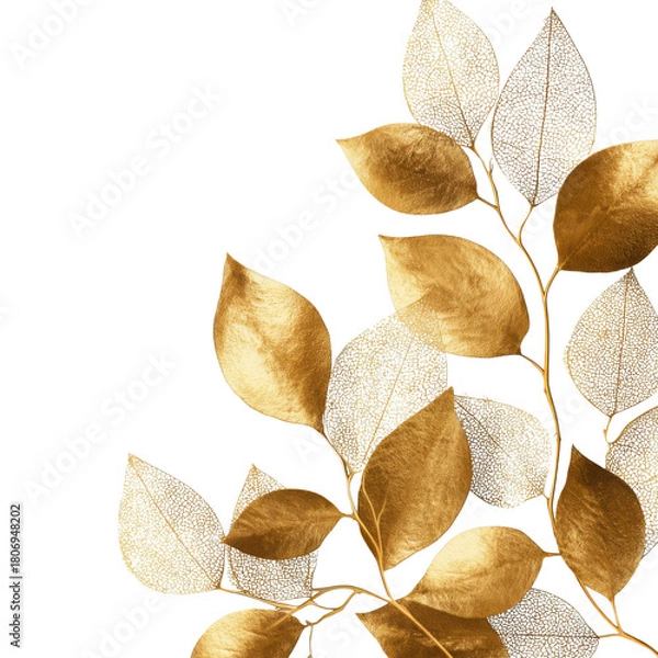Obraz golden foil and white background, make exotic golden leaves.