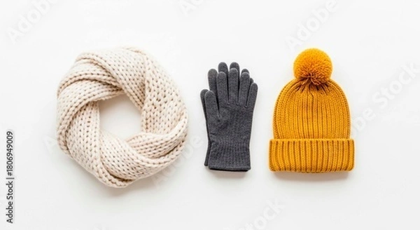Fototapeta A flat lay of winter accessories including a cream scarf, grey gloves, and a yellow knitted hat