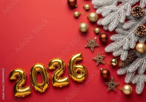 Fototapeta Golden balloons spelling out twenty twenty six on a christmas background