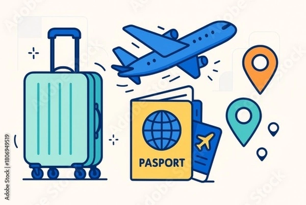 Fototapeta Travel illustration showing suitcase, airplane, passport, boarding pass, and location pins on light abstract background representing vacation journey. Ai generative