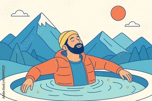 Fototapeta Man relaxing in hot spring surrounded by mountain landscape under sun with peaceful expression in minimal flat design style illustration. Ai generative