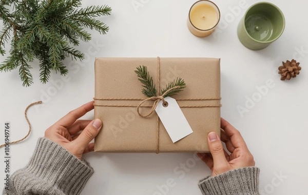 Obraz A gift wrapped in kraft paper with a tag and elegant decor. Minimalist Winter Flat-Lay — holiday product mockup