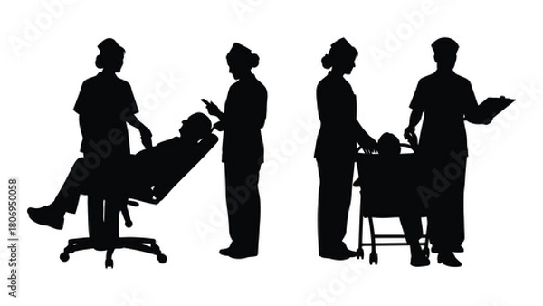 Fototapeta Healthcare professionals silhouettes with patients isolated on white background, Vector