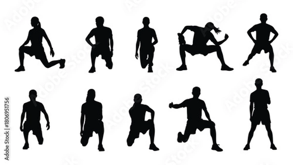 Fototapeta People stretching and exercise silhouettes isolated on white background, Vector