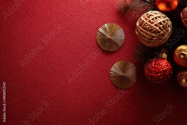 Fototapeta Festive christmas ornaments in warm golden and red tones scattered on a textured dark red background