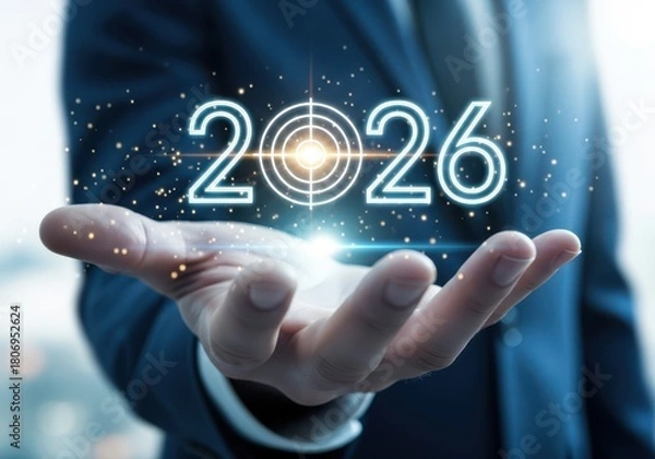 Fototapeta Person holding glowing target with the year twenty twenty six in hand