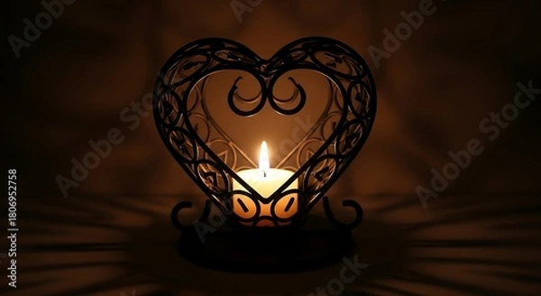 Fototapeta Romantic heart shaped candle holder illuminates with warm glow on a textured surface