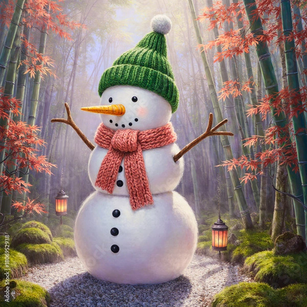 Fototapeta Charming snowman wearing a green hat and scarf in a magical forest