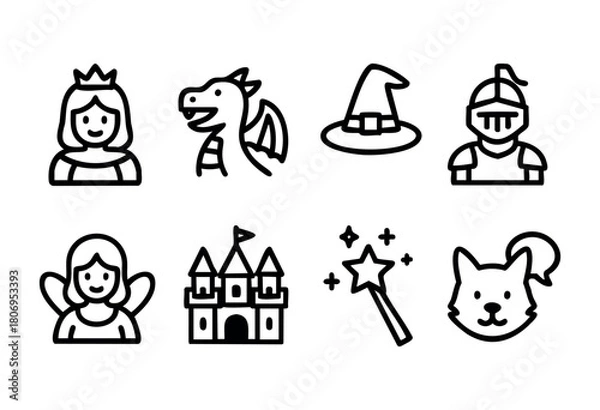 Fototapeta Colorful fantasy icons depict a princess, dragon, knight, angel, magic wand, castle, and a cat, all representing a whimsical fairytale theme.
