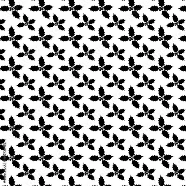 Fototapeta Elegant Christmas Holly Repeating Pattern – Perfect Wrapping Paper Design, Classic Mistletoe & Holly Seamless Pattern – Festive Black Background, 