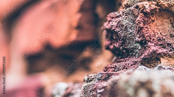 Obraz patina. Close-up of weathered red brick wall, warm tones and natural texture evoking rustic charm and history. real-estate listings.