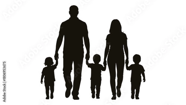 Fototapeta Family silhouette walking together isolated on white background, Vector