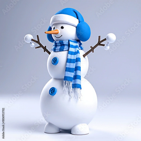 Fototapeta Cute 3d snowman wearing a blue hat and scarf with arms outstretched