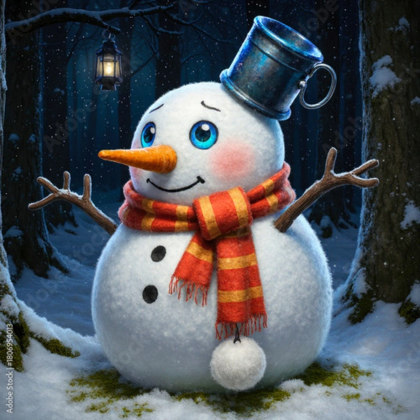 Fototapeta Friendly snowman wearing a scarf and bucket hat in a snowy forest