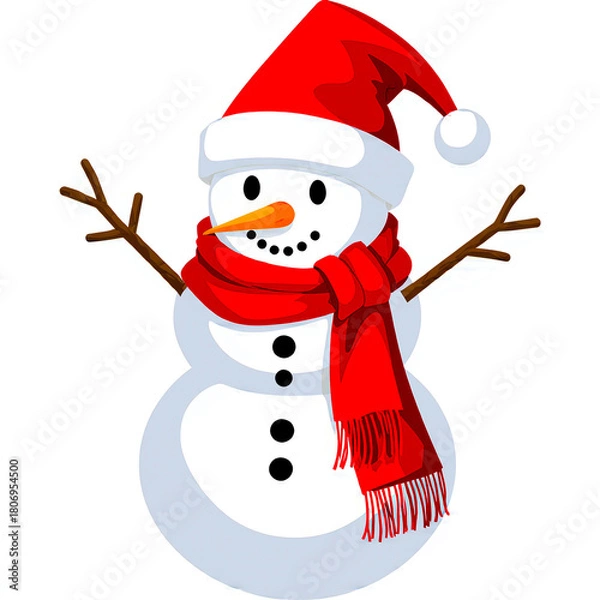 Fototapeta Happy snowman wearing santa hat and red scarf with arms outstretched