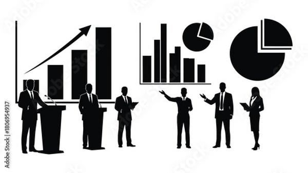 Fototapeta Business presentation silhouettes with data charts isolated on white background, Vector